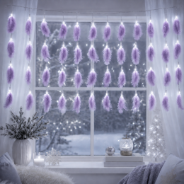 Гірлянда штора декоративна пір'я фіолетове 100 LED 2,5х1 м біла