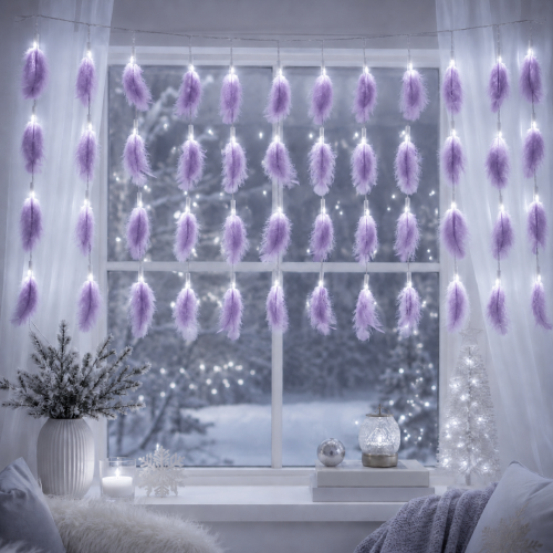 Гірлянда штора декоративна піря фіолетове 100 LED 2,5х1 м біла