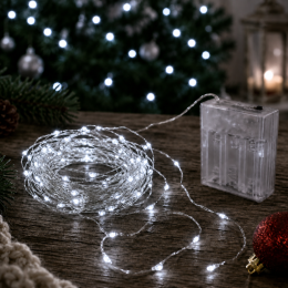 Гірлянда нитка роса 100 LED 10 м біла — на батарейках 3 режими